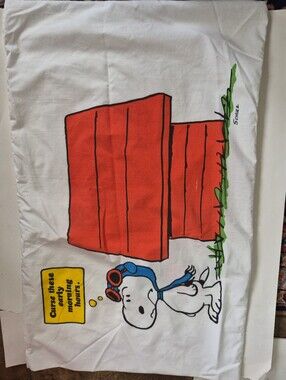 Peanuts White Pillowcase with Red Doghouse and Blue Aviator Snoopy Vintage